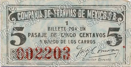5 centavos, Compañía de Tranvías de México (M1340), M1340 5c Compañía de Tranvías de México, anverso