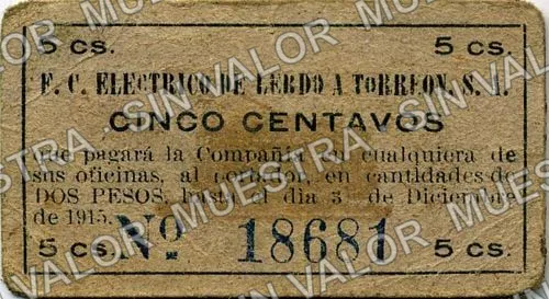 5 centavos, F. C. Elécrico de Lerdo a Torreón (M1558), anverso (M1558 5c F. C. Elécrico de Lerdo a Torreón)