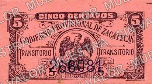 5 centavos, Gobierno Provisional de Zacatecas (M4192), M4192 5c Gobierno Provisional de Zacatecas, anverso
