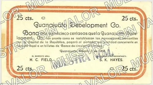 5 centavos, Guanajuato Development Company (M1765), anverso (M1765.5 25c Guanajuato Development Company)
