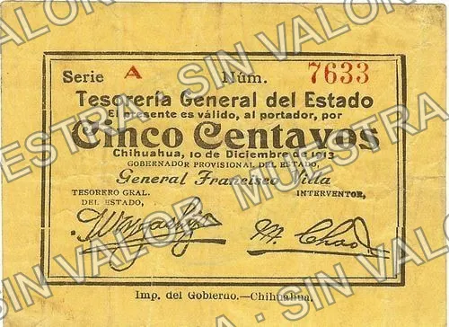 5 centavos, sábanas, Series A, large number (M900), anverso (M900 5c sábanas, Series A, large number)