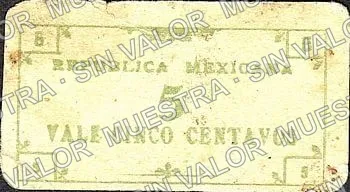 5 centavos, Tesorería General del Estado, series B (M941), reverso (M941d 5c Tesorería General del Estado, series B)