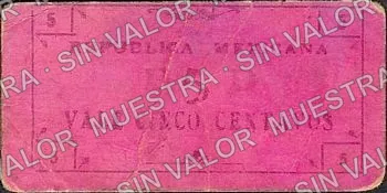 5 centavos, Tesorería General del Estado, series B (M941), reverso (M941f 5c Tesorería General del Estado, series B)