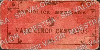 5 centavos, Tesorería General del Estado, series B (M941), reverso (M941g 5c Tesorería General del Estado, series B)