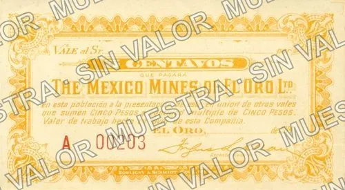 5 centavos, The Mexican Mines of El Oro Ltd (M2822), M2822 5c The Mexican Mines of El Oro Ltd., anverso