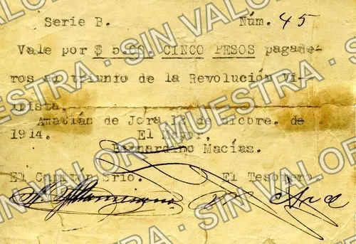 5 pesos, Amatlán de Jora (M3252), anverso (M3252 $5 Amatlán de Jora)