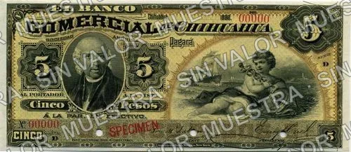 5 pesos, Banco Comercial de Chihuahua (M83), anverso (M83s $5 Banco Comercial de Chihuahua specimen)