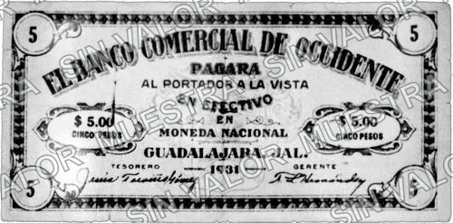 5 pesos, Banco Comercial de Occidente (M4308), M4308 $5 Banco Comercial de Occidente, anverso