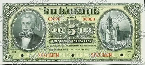 5 pesos, Banco de Aguascalientes (M51), anverso (M51s 1910 $5 Banco de Aguascalientes specimen)