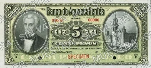 5 pesos, Banco de Aguascalientes (M51), anverso (M51s $5 Banco de Aguascalientes specimen)