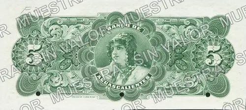 5 pesos, Banco de Aguascalientes (M51), reverso (M51s 1910 $5 Banco de Aguascalientes specimen)
