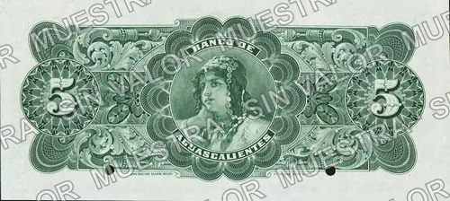 5 pesos, Banco de Aguascalientes (M51), reverso (M51s $5 Banco de Aguascalientes specimen)