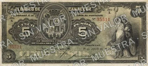 5 pesos, Banco de Campeche (M59), anverso