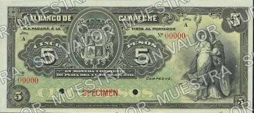 5 pesos, Banco de Campeche (M59), anverso (M59p $5 Banco de Campeche specimen)