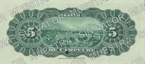 5 pesos, Banco de Campeche (M59), reverso (M59p $5 Banco de Campeche specimen)