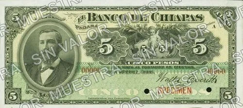 5 pesos, Banco de Chiapas (M65), anverso (M65s $5 Banco de Chiapas specimen)