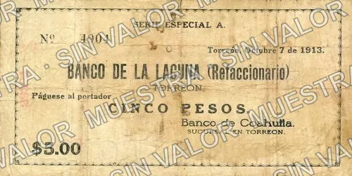 5 pesos, Banco de Coahuila (M1029), M1029 $5 Banco de Coahuila, anverso