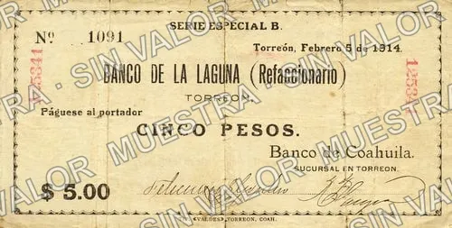 5 pesos, Banco de Coahuila (M1032), M1032 $5 Banco de Coahuila, anverso