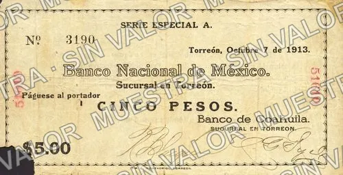 5 pesos, Banco de Coahuila (M1057), anverso