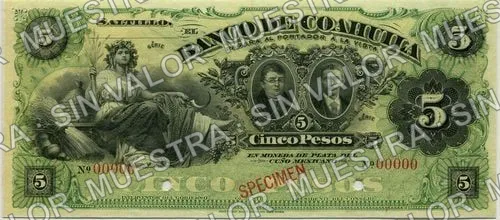 5 pesos, Banco de Coahuila (M167), M167s $5 Banco de Coahuila specimen, anverso