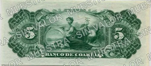 5 pesos, Banco de Coahuila (M167), M167s $5 Banco de Coahuila specimen, reverso