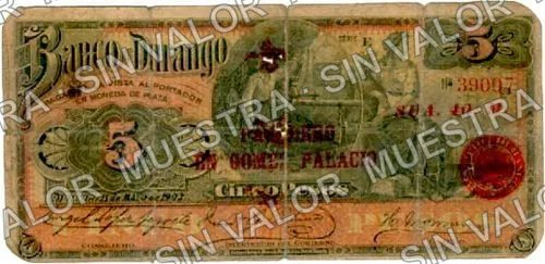 5 pesos, Banco de Durango (M332), anverso (M332b $5 overprinted 'PAGADERO EN GOMEZ PALACIO')