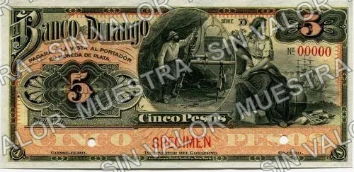 5 pesos, Banco de Durango (M332), anverso (M332s $5 Banco de Durango specimen)