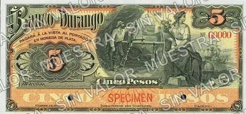 5 pesos, Banco de Durango (M332), anverso (M332s $5 Banco de Durango specimen)