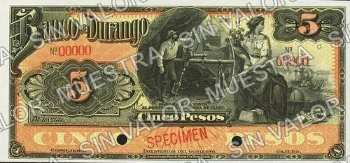 5 pesos, Banco de Durango (M332), anverso (M332s $5 Banco de Durango specimen)
