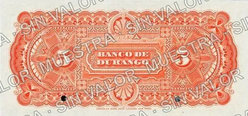 5 pesos, Banco de Durango (M332), reverso (M332s $5 Banco de Durango specimen)
