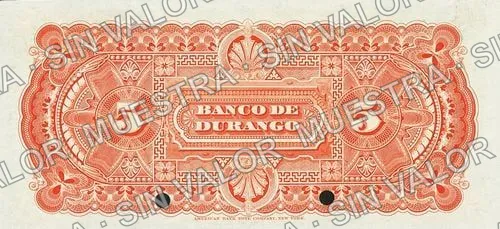 5 pesos, Banco de Durango (M332), reverso (M332s $5 Banco de Durango specimen)