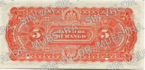 5 pesos, Banco de Durango (M332), reverso (M332s $5 Banco de Durango specimen)