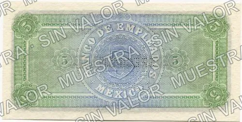 5 pesos, Banco de Empleados (M207), M207s $5 Banco de Empleados specimen, reverso