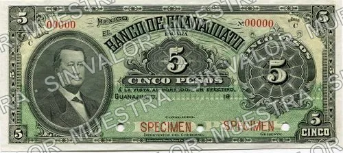 5 pesos, Banco de Guanajuato (M350), M350s $5 specimen, anverso
