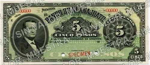 5 pesos, Banco de Guanajuato (M350), M350s $5 specimen, anverso
