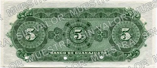 5 pesos, Banco de Guanajuato (M350), M350s $5 specimen, reverso