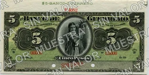5 pesos, Banco de Guerrero (M361), anverso (M361s $5 Banco de Guerrero specimen)