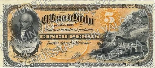 5 pesos, Banco de Hidalgo del Parral (M105), anverso (M105s $5 Banco de Hidalgo del Parral specimen)