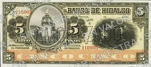 5 pesos, Banco de Hidalgo (M369), anverso (M369r $5 needlepunched 'AMORTIZADO')
