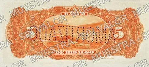 5 pesos, Banco de Hidalgo (M369), reverso (M369r $5 needlepunched 'AMORTIZADO')