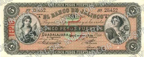 5 pesos, Banco de Jalisco (M378), anverso (M378c $5 overprinted 'TEPIC')