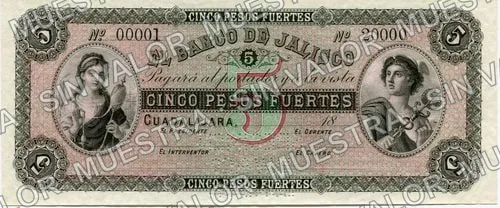 5 pesos, Banco de Jalisco (M378), anverso (M378s $5 Banco de Jalisco specimen)