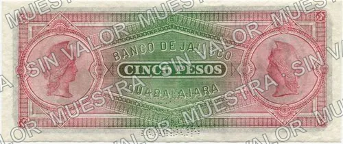 5 pesos, Banco de Jalisco (M378), reverso (M378s $5 Banco de Jalisco specimen)