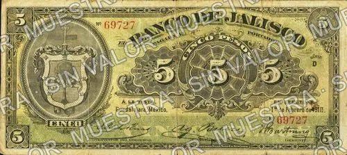 5 pesos, Banco de Jalisco (M385), anverso