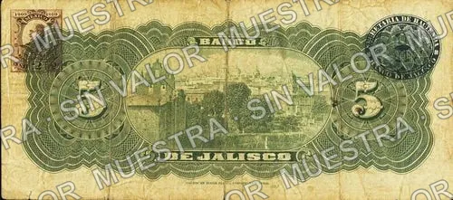 5 pesos, Banco de Jalisco (M385), reverso