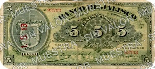5 pesos, Banco de Jalisco (M385), anverso (M385c $5 overprinted 'I. S. 13')