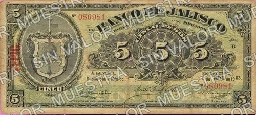 5 pesos, Banco de Jalisco (M385), anverso (M385d $5 overprinted 'TEPIC')