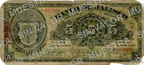 5 pesos, Banco de Jalisco (M385), anverso (M385e $5 overprinted 'ZAMORA')