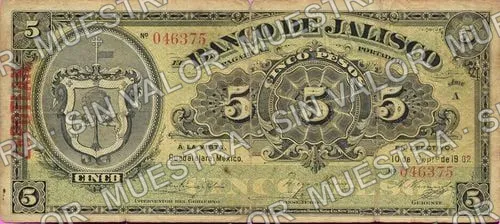 5 pesos, Banco de Jalisco (M385), anverso (M385f $5 overprinted 'ZAPOTLAN')