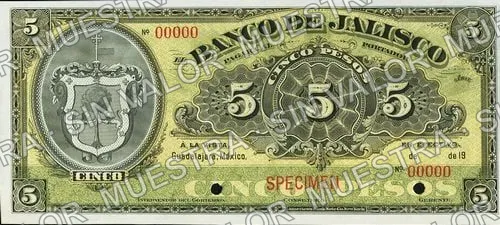 5 pesos, Banco de Jalisco (M385), anverso (M385s $5 Banco de Jalisco specimen)